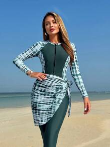 Swim Shayni Women 3pcs/Set Tie-Dye Random Print Long Sleeve One Piece Swimsuit Swimwear With Mid-Waist Long Pants And Mini Skirt, Elegant Modest One-Piece