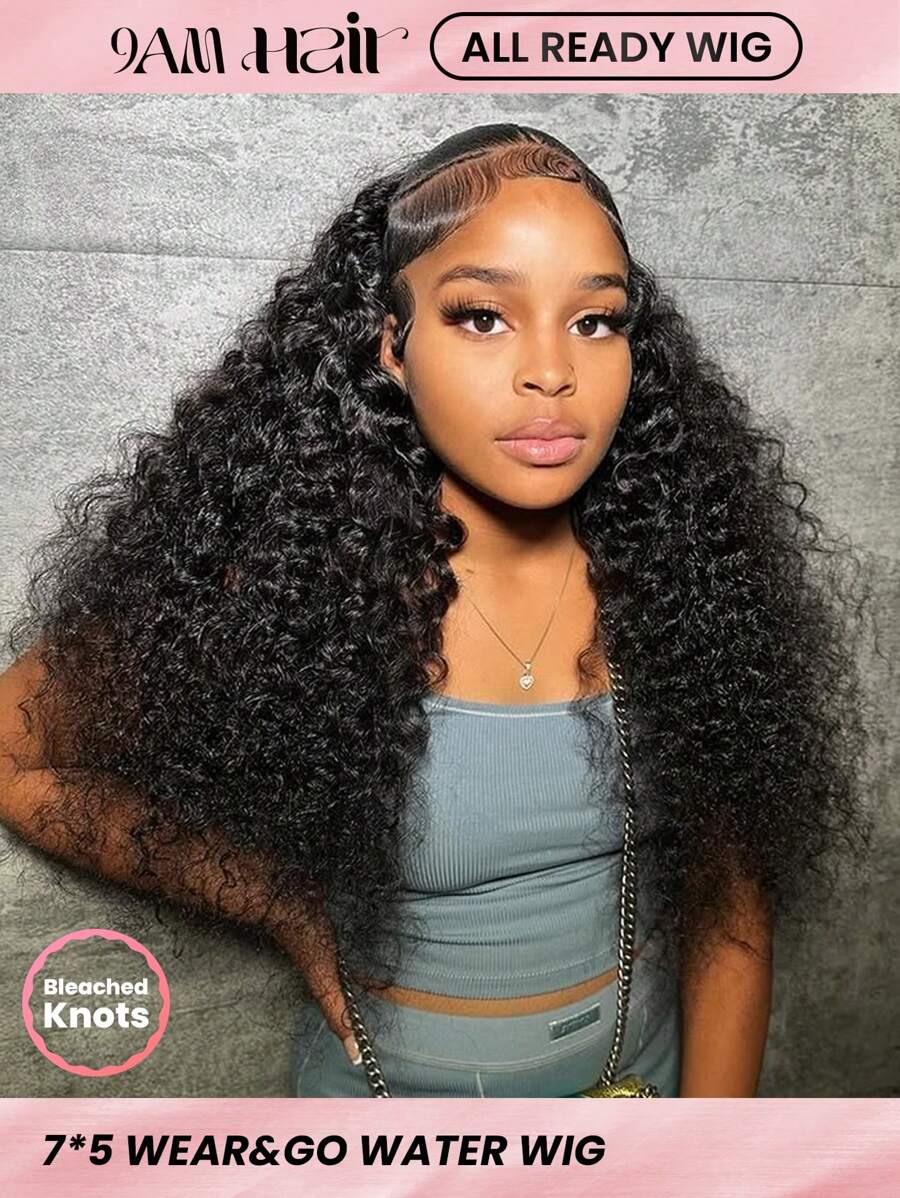 ALL READY WIG 180 密度水波纹假发 自然色 女士真人发 预漂白 预拔 预剪 蕾丝融化蕾丝 7x5 无胶假发 100% 真人发 前假发 9AM HAIR - Natural Black - 查看 1