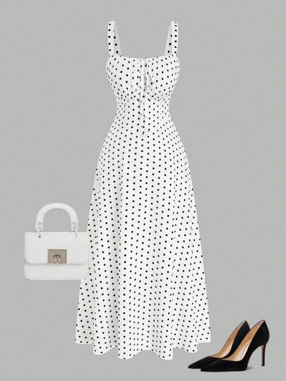 Rometta Plus Size Elegant Polka Dot Print Slip Dress, Summer