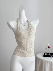 Comfortcana Women's Holiday Solid Halter Backless Tied Knitted Blouse - Apricot - View 1