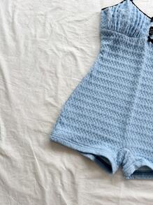 Soleia Women's Vacation Blue Knit Texture Front Center Hollow Bow Contrast Shoulder Strap Contrast Figure-Flattering Jumpsuit, Fashionable Layering Or Outerwear, Party - Blue - View 3