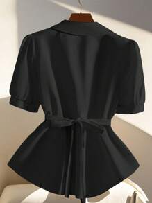 SHEIN Clasi 大码女式素色优雅休闲短袖薄款西装外套，带纽扣和蝴蝶结装饰