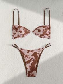 2pcs Floral Print Gold Accessory Tank Top & Spaghetti Strap Bikini Bottom Swimming Suit, Sexy Ladies Summer Vacation Swimwear Set