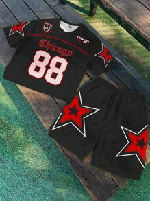 SHEIN Leap Crew 2pcs/Set Tween Boy Casual Numeric 88 & Star Graphic, Cool Gothic Text Print Minimalist Short Sleeve Crew Neck Outfit, Suitable For Spring/Summer - Multicolor - View 1
