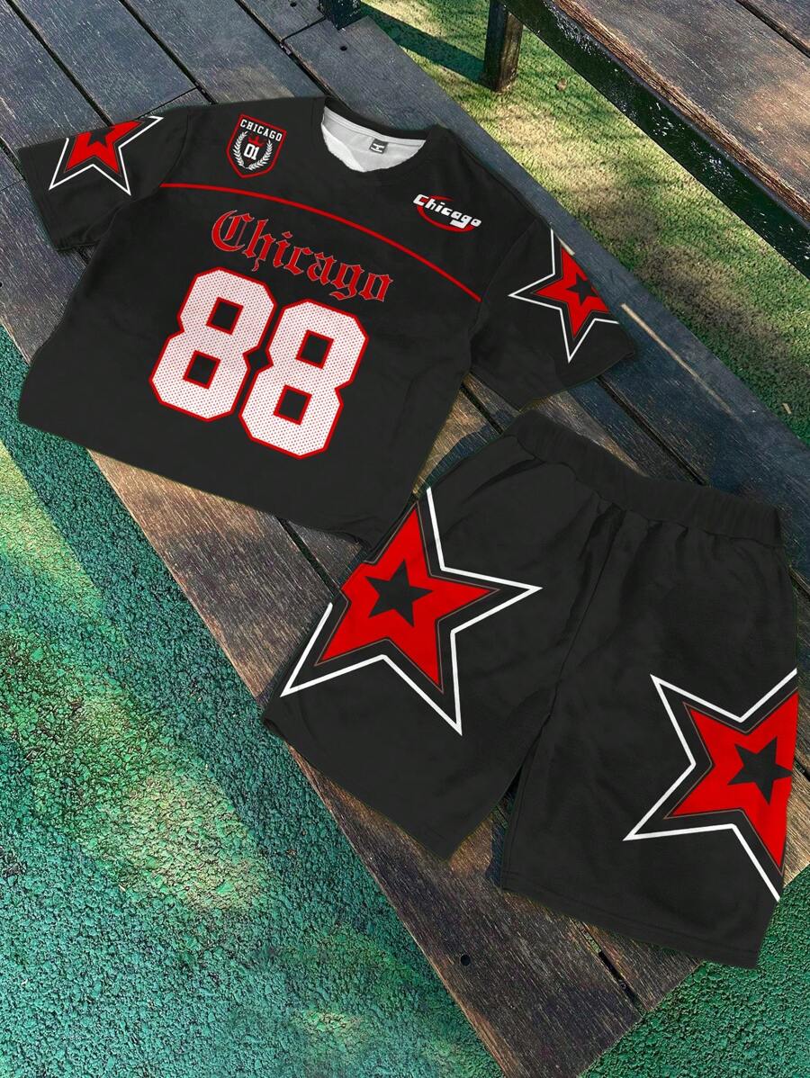 SHEIN Leap Crew 2pcs/Set Tween Boy Casual Numeric 88 & Star Graphic, Cool Gothic Text Print Minimalist Short Sleeve Crew Neck Outfit, Suitable For Spring/Summer - Multicolor - View 1