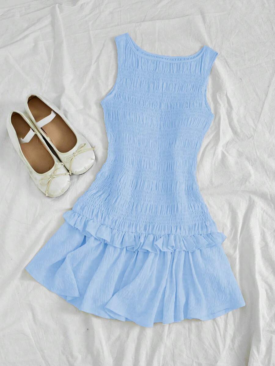 SHEIN Unity Elegant Solid Color Ruffled Hem Mini Dress - Blue - View 1