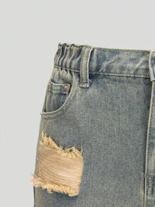 Fashionable Distressed Vintage Washed Denim Loose Fit Cuffed Shorts For Tween Girls - Medium Wash - View 5