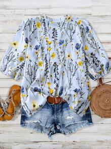 SHEIN LUNE Plus Size Women Floral Print Notch V-Neck Puff Sleeve Casual Blouse,Valentine - Multicolor - View 2