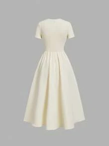 SHEIN MOD 杏色鱼骨图案短袖中长连衣裙，女士办公室服装，休闲装，度假装，波西米亚风，女士工作服 - 杏色 - 查看 2