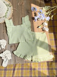 SHEIN Vintaside Kids Baby Girl Striped Print Ruffle Trim Wrinkled Top With Shorts - Green - View 1