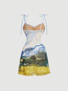 SHEIN MOD 女士针织短袖网眼印花迷你连衣裙，梵高画作印花短款休闲连衣裙