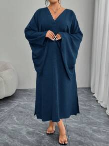 Modelyn Plus Size Elegant Solid Color Bell Sleeve Side Slit Dress - Navy Blue - View 6