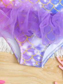 Baby Girl Fish Scale Print Mesh Patchwork One Piece Swimsuit For Beach/Resort - Multicolor - View 4