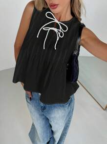 SHEIN Essnce Women's Casual Black Tie Neck Sleeveless Woven Fabric Tank Top With Pleated Details And A Regular Hem