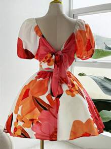 Ceyna Plus Size Elegant Floral Print Twist Knot Hollow Out Drawstring Shift Summer Holiday Dress Romantic Mini-Dress