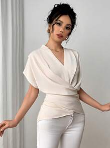 Firerie 女士优雅通勤褶皱 V 领常规宽松肩衬衫 - 杏色 - 查看 4