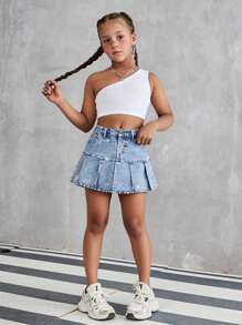 Tween Girls Fashion Light Blue Denim Washed Rhinestone Pleated Casual Elastic Waist Girls Denim Skirt