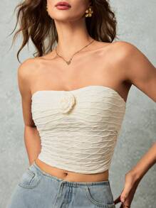 Poéselle Women's Elegant Cream White 3D Floral Decorated Sleeveless Summer Cropped Camisole Top,Dining Beach Vacation Off The Shoulder Y2k Tops - Apricot - View 2