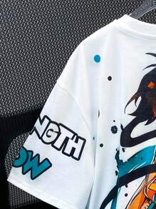 SHEIN Leap Crew 2pcs/Set Tween Boy Streetwear Casual Graffiti & Cartoon Character Print Short Sleeve Round Neck T-Shirt And Elastic Waist Shorts Set, Suitable For Autumn, Spring, Summer, Outdoor, School, Street, Party And Home Leisure - Orange - View 4