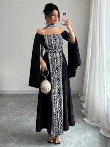 Chiquease 女士灵感图案撞色印花束腰长裙 - 黑色 - 查看 1