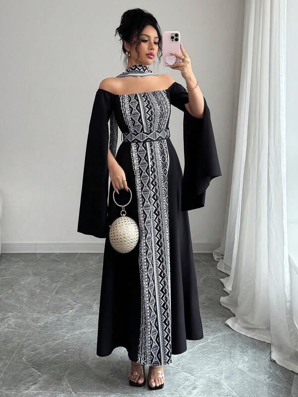 Chiquease 女士灵感图案撞色印花束腰长裙