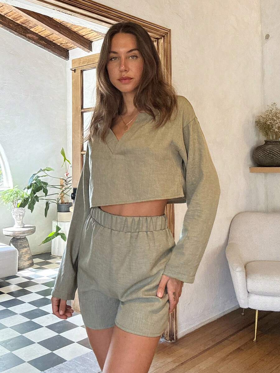 Cloudara Cottonline Women's Lihgt  Green Airy  Long Sleeve Top &Short Linen Two Piece Sets - Army Green - View 1