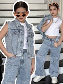 TWEEN GIRLS Y2K Fashion Fuzzy Hem Crop Jacket & Relaxed Fit Jeans Set, Street Style Casual Outfit voor Tween Girls