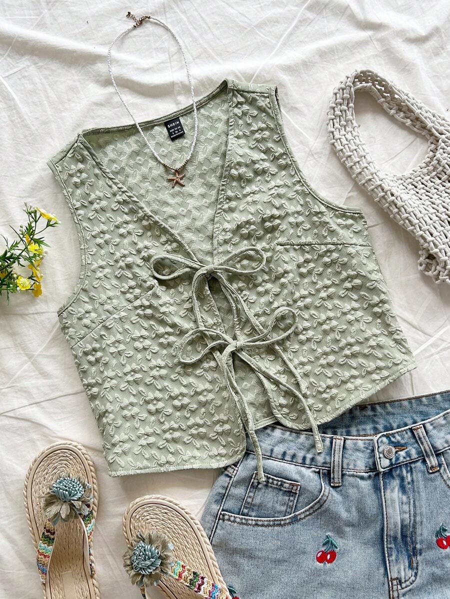 Soleia Áo len cardigan nữ cổ chữ V, buộc phía trước, vải họa tiết thường ngày, màu vàng, thích hợp cho mùa thu/đông - màu xanh lá - Xem 1