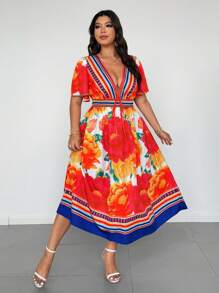 Flirla Plus Size Women's Colorful Floral Elegant Beach Party Tie-Waist Maxi Dress, Spring/Summer - Multicolor - View 1