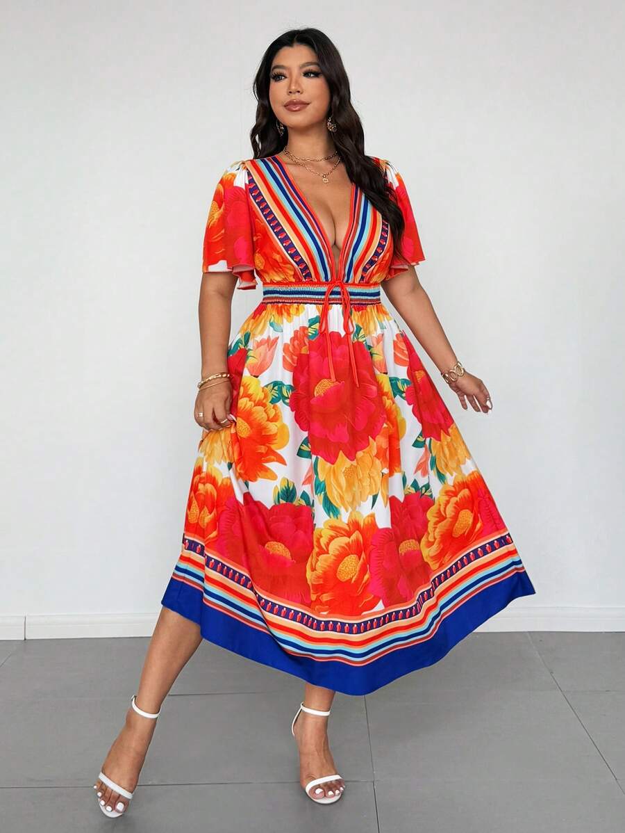 Flirla Plus Size Women's Colorful Floral Elegant Beach Party Tie-Waist Maxi Dress, Spring/Summer - Multicolor - View 1