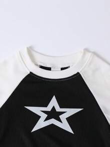 SHEIN 2pcs/Set Young Girls Elegant Five Star Print Round Neck Crop Top With Belt & Pockets Denim Long Pants Outfit - Black - View 5