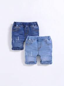 SHEIN 2 件装男童深蓝色和浅蓝色牛仔弹力紧身短裤套装 - 藍色 - 查看 1