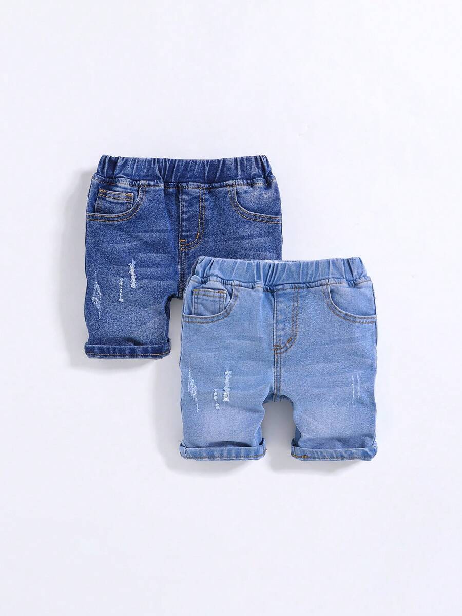 SHEIN 2 件装男童深蓝色和浅蓝色牛仔弹力紧身短裤套装 - 藍色 - 查看 1