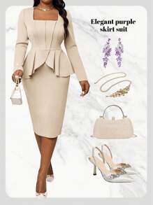 Fleurora Autumn And Winter Elegant Plus Size Wedding Valentine's Day Purple Knitted Long Sleeve Blazer & Skirt Co-Ord Set - Apricot - View 5