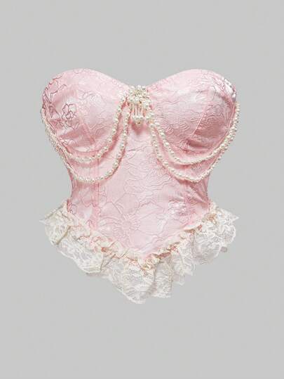 Kawaii Vintage Victorian Style Lace & Satin Pearl Decorated Blouse Top, Plus Size, Pink