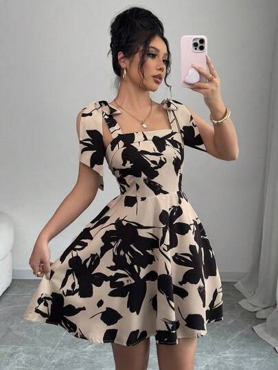 Elenzga Vestido camisero mini con estampado floral elegante para mujer