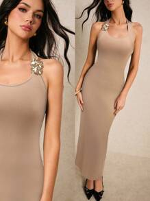 Poéselle Women's Apricot Knitted Maxi Dress With Chain Detail And Halter Neckline - Apricot - View 1