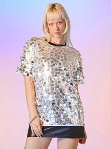 Manfinity UZERO 男女通用街头服饰银色亮片刺绣撞色领插肩短袖 T 恤