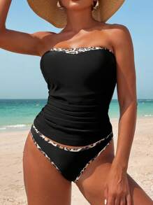 Swim Vcay Women's Black Leopard Print Spliced Spaghetti Strap Top And Triangle Bottoms 2 Pieces Bikini Set, Summer Beach Outfit - Black - View 5