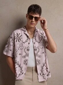 AKNOTIC Luźna, męska koszula z nadrukiem kwiatowym, tkana, casualowa, odpowiednia na co dzień, do pracy, na lato, na wakacje, na imprezę, wesele, dla par, jako prezent dla chłopaka, na plażę - Różowy - Zobacz 3