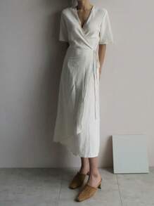 DAZY 女士短袖束腰简约中长通勤连衣裙亚麻太阳裙 - 白色 - 查看 6