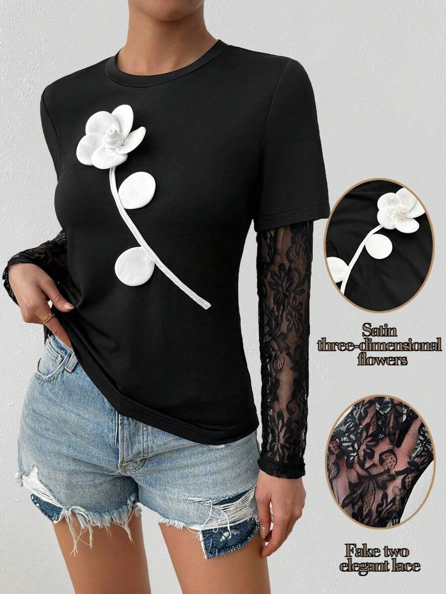 Chiquease Lace Patchwork Oversized Floral Print T-Shirt, Slim Flattering Design, Casual Chic, Suitable For Summer Fall Cloth For Women - Black - View 1