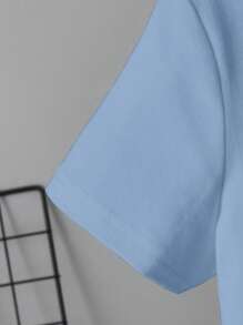 SHEIN Young Boy Basic Short Sleeve Paris Striped Print Round Neck Casual T-Shirt, Light Blue Boys Clothes Kids T Shirt - Baby Blue - View 3