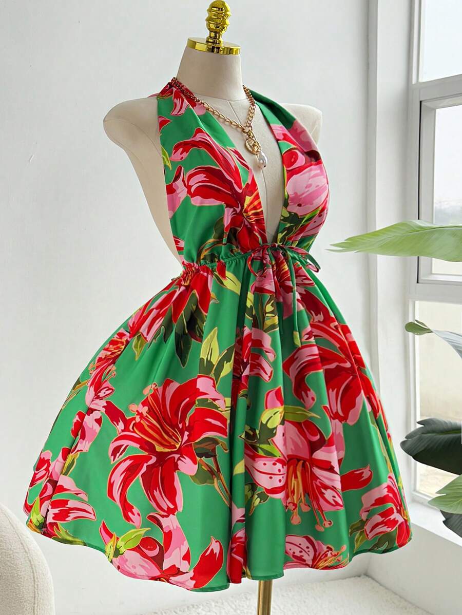 Sweetra Plus Size Halter Print Backless Vacation Dress Mini-Dress - Multicolor - View 1
