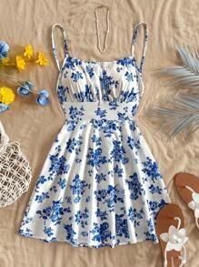 Soleia Ladies Holiday Blue & White Floral Print Open Back Spaghetti Strap A-Line Mini Dress, Suitable For Autumn/Winter Under Layer & Party Wear,Sun Dress - Blue and White - View 5
