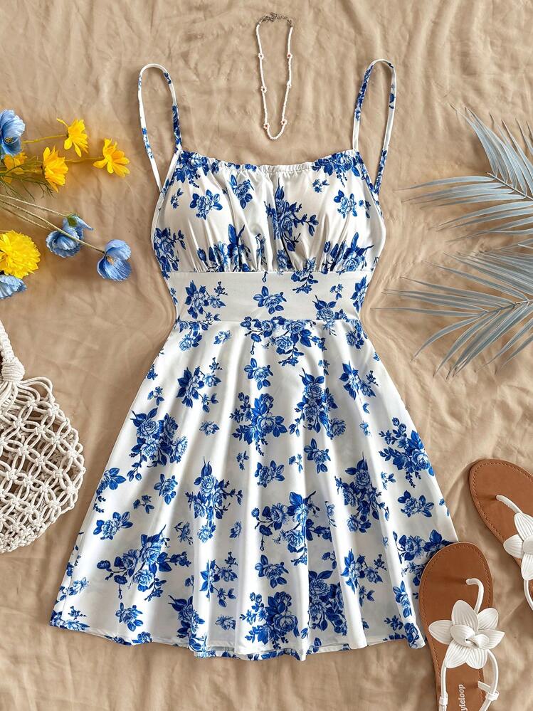 Soleia Ladies Holiday Blue & White Floral Print Open Back Spaghetti Strap  A-Line Mini Dress, Suitable For Autumn/Winter Under Layer & Party Wear,Sun  Dress | SHEIN USA