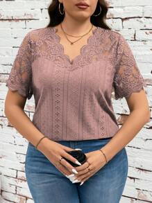 SHEIN Clasi Plus Size Casual Plain Color Lace Patchwork Short Sleeve T-Shirt