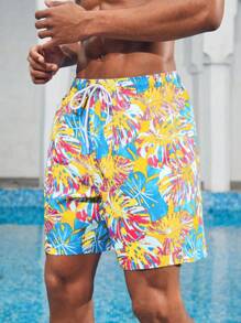 Manfinity Men's Tropical Plant Print Drawstring Waist Loose Beach Shorts - Multicolor - View 3
