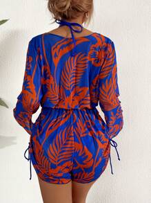 Slaydiva 3 件套女式夏季蓝色纯色三角袋高腰泳裤，随机热带植物印花网眼罩衫，沙滩休闲度假比基尼套装 - 藍色 - 查看 2