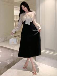 DAZY Colorblock Contrast Ribbon Collar & Puff Sleeve Women's Mid-Length Dress Prom Dress Elegant,Fall Dress